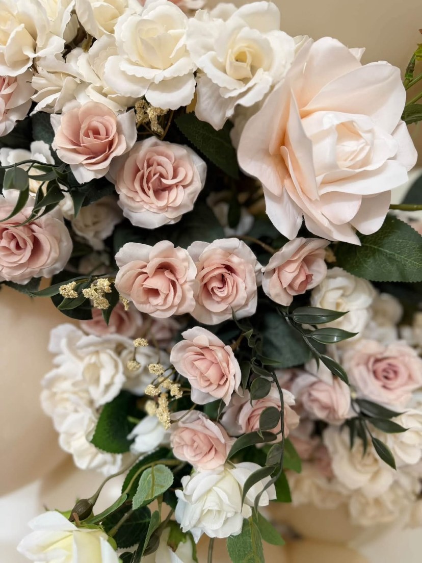 Blush and cream floral details in a balloon installation
